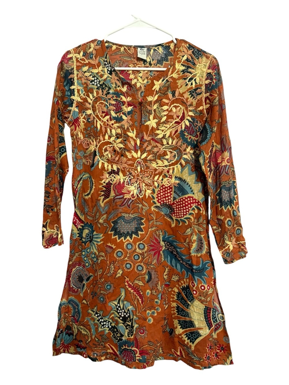 Raj Tara Tunic Cover Up 100% Cotton Floral Paisley Embroidery Beach Size Small